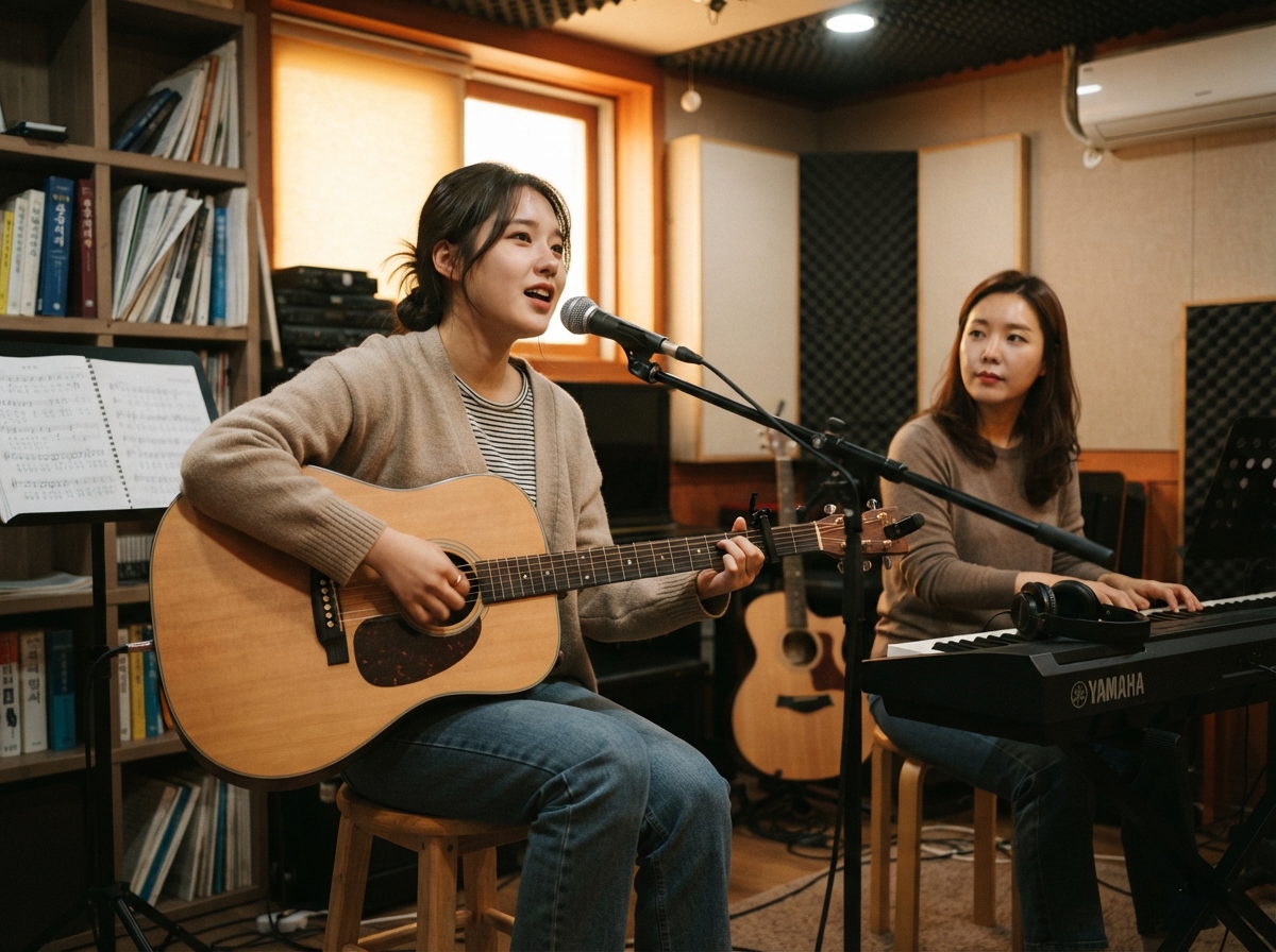 악기 연주와 함께 노래를 연습하는 보컬 트레이닝 상황