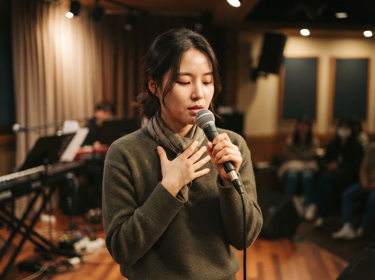 호흡 조절을 하며 마이크를 잡는 모습