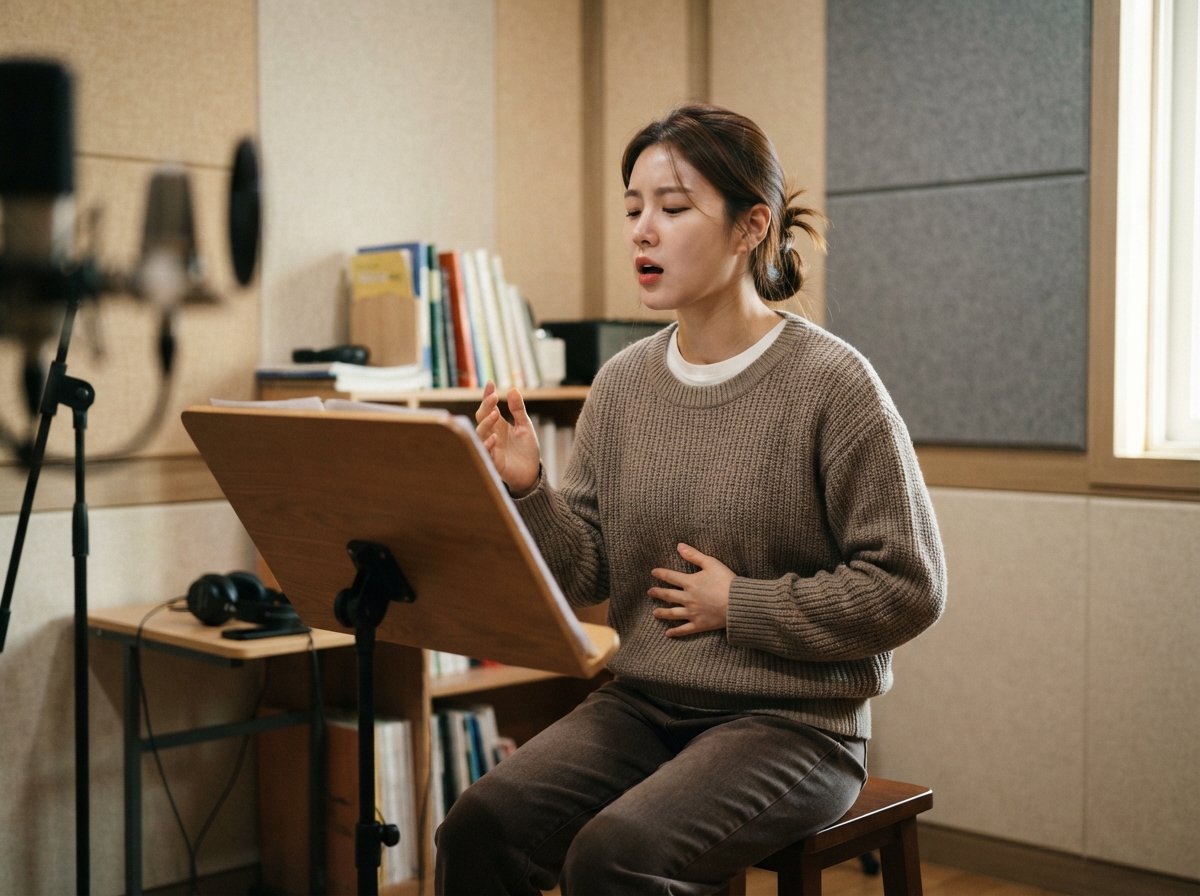 보컬 연습 중 소리의 길과 호흡을 조절하는 장면