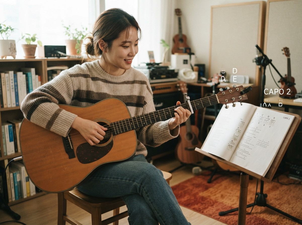 악기 연주 시 카포와 코드 이조 — 기타나 우쿨렐레로 반주할 때는 손 모양을 유지하면서 음을 높이는 도구와 이론적 변환 방식을 쓸 수 있다.