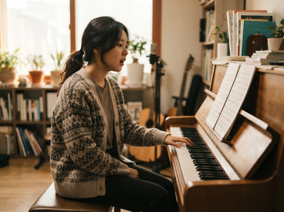 피아노 건반과 악보를 보며 발성 연습을 하는 모습