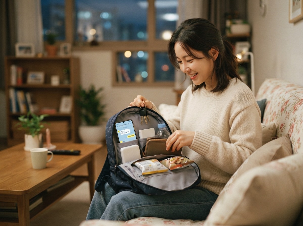 노래방 이용을 위해 방문 전 준비물을 점검하는 모습